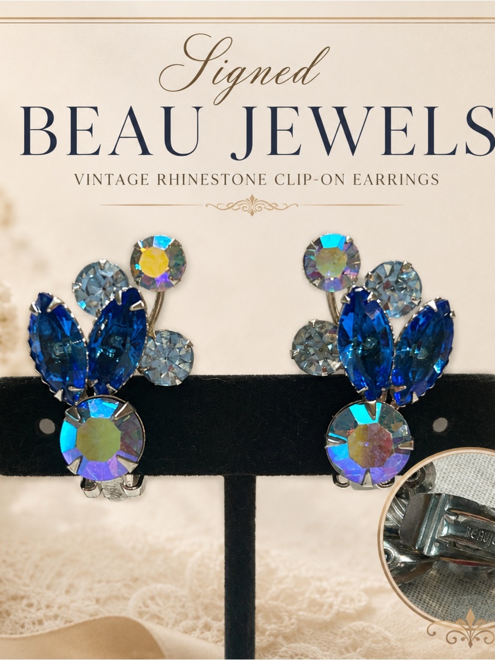 Signed Beau Jewels Blue Crystal Vintage Clip-On Earrings